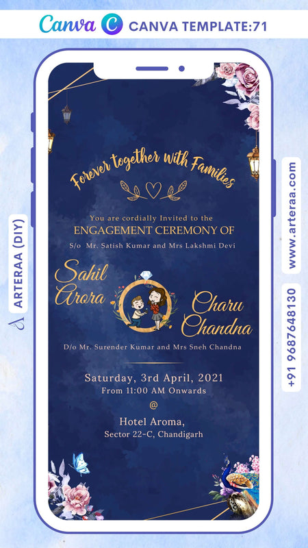 Engagement ceremony invitation card Canva Editable Template in english language with leaves as floral theme design 71