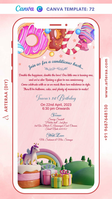 Birthday party invitation card Canva Editable Template for girl in english language with cake, horse, gifts as candy theme design 72