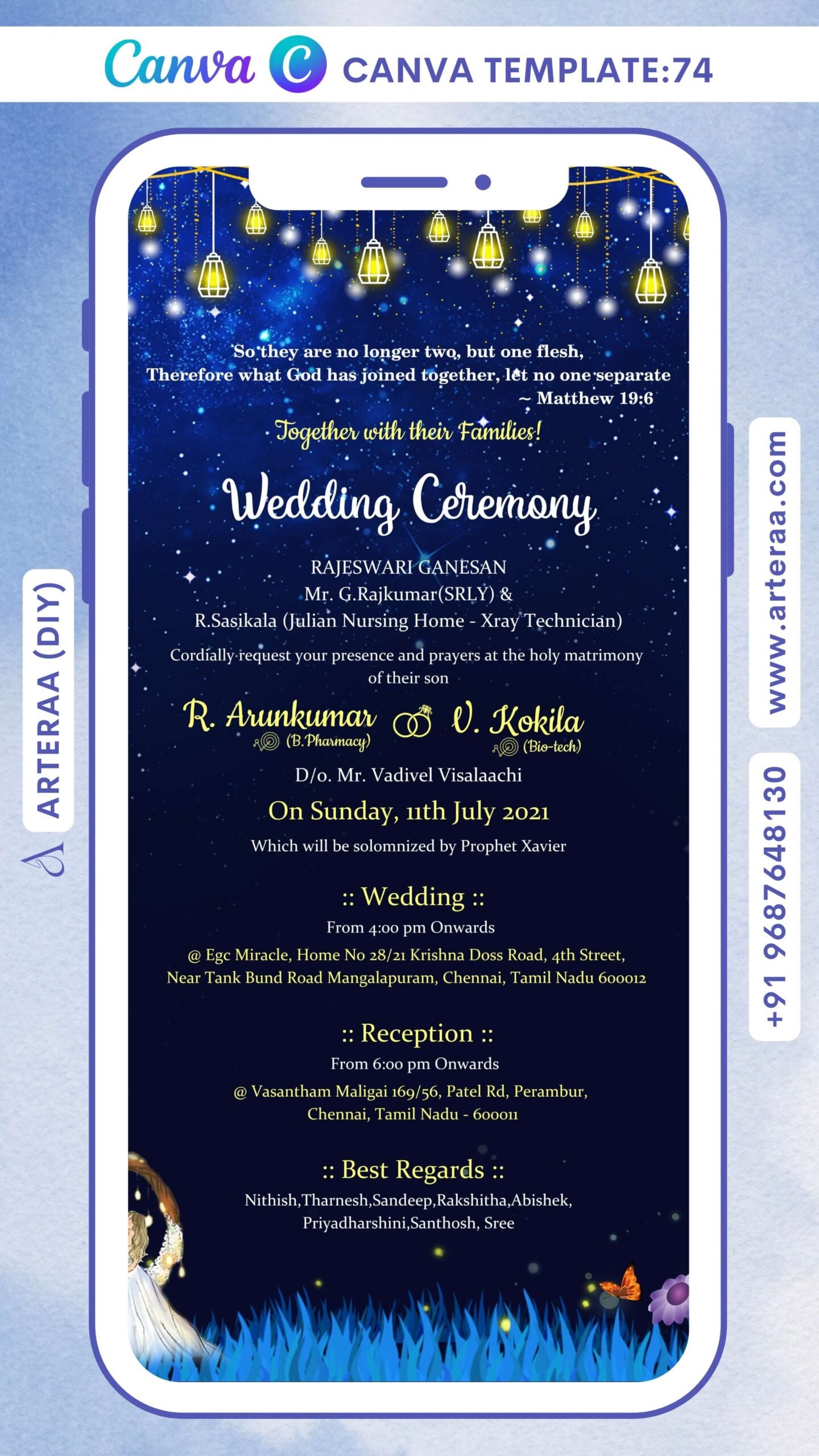 Bible verse Christian wedding ceremony invitation card Canva Editable Template of Catholic church family in english language with Night View theme design 74