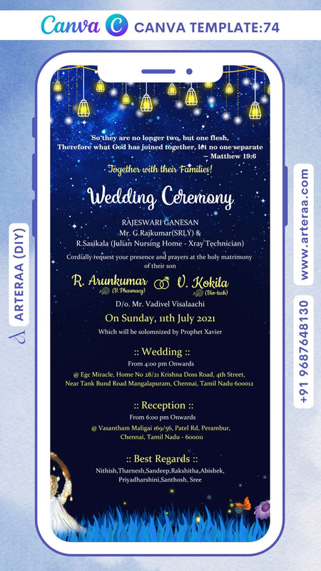 Bible verse Christian wedding ceremony invitation card Canva Editable Template of Catholic church family in english language with Night View theme design 74