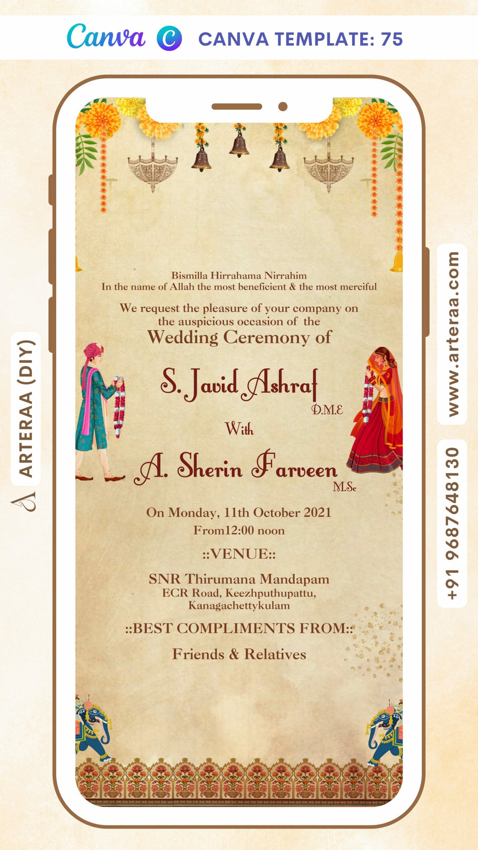 Wedding ceremony invitation card Canva Editable Template of hindu south indian Telugu family in english language with Traditional theme design 75