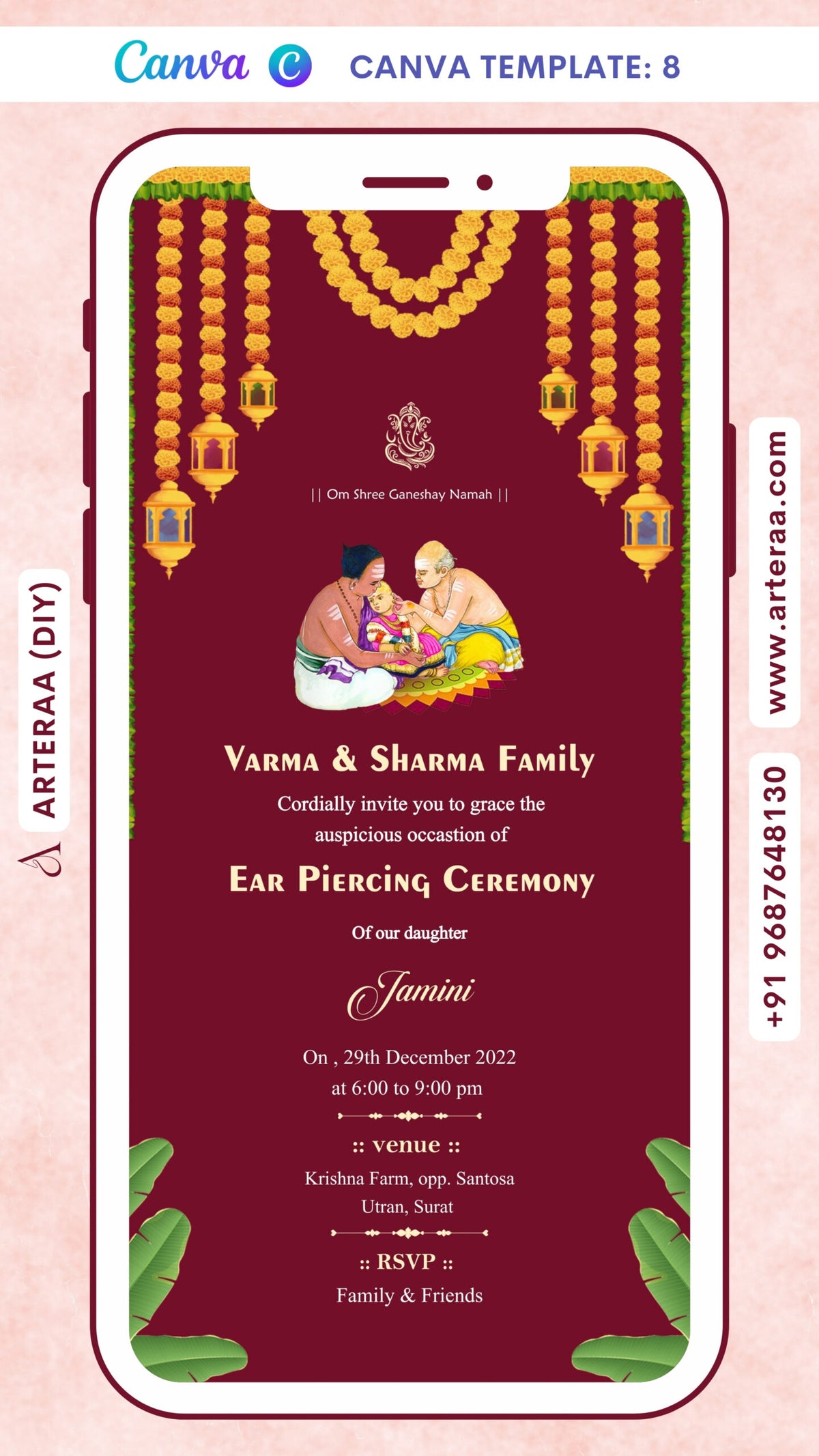 Digital Ear Piercing Ceremony Invitation Of Indian family In English Language With Indian Traditional Theme Canva Editable Template Design no - 8