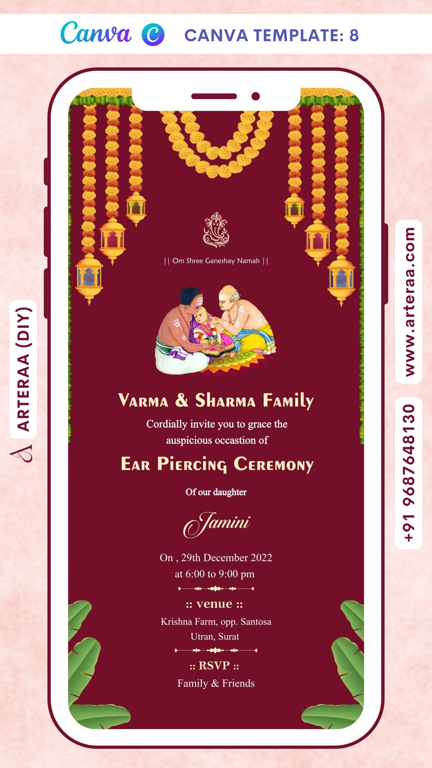 Digital Ear Piercing Ceremony Invitation Of Indian family In English Language With Indian Traditional Theme Canva Editable Template Design no - 8