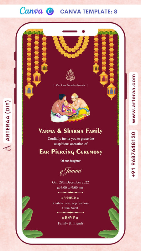Digital Ear Piercing Ceremony Invitation Of Indian family In English Language With Indian Traditional Theme Canva Editable Template Design no - 8