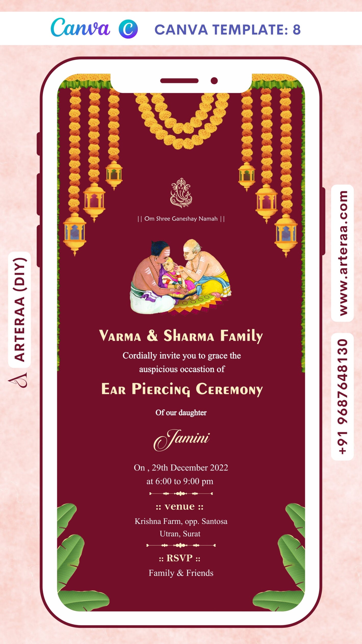 Ear Piercing ceremony invitation card in english language with marigold garland, banana leaves as traditional theme Canva Editable Template design 8