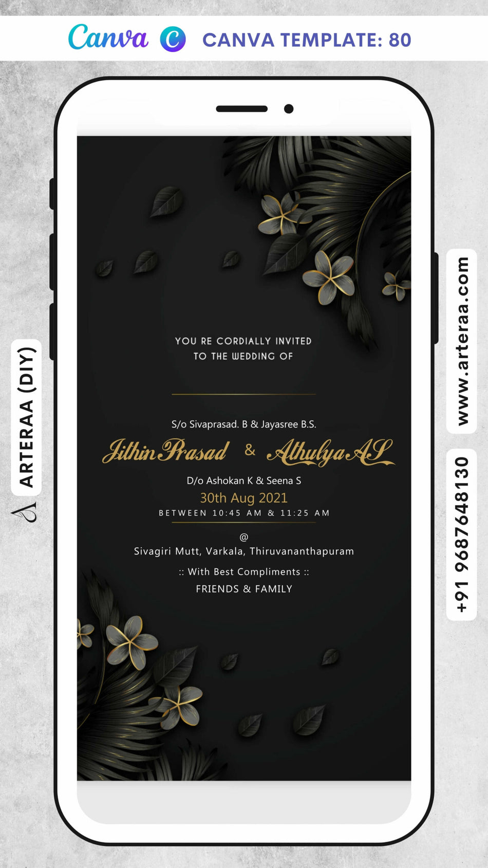 Wedding ceremony invitation card Canva Editable Template of hindu south indian malayali family in english language with Artistic leaves theme design 80