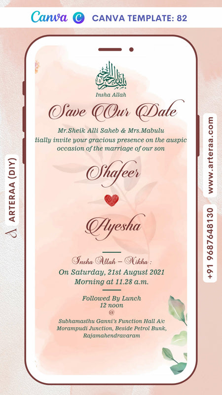 Nikah ceremony invitation card Canva Editable Template of Muslim family in english language with Floral theme design 82