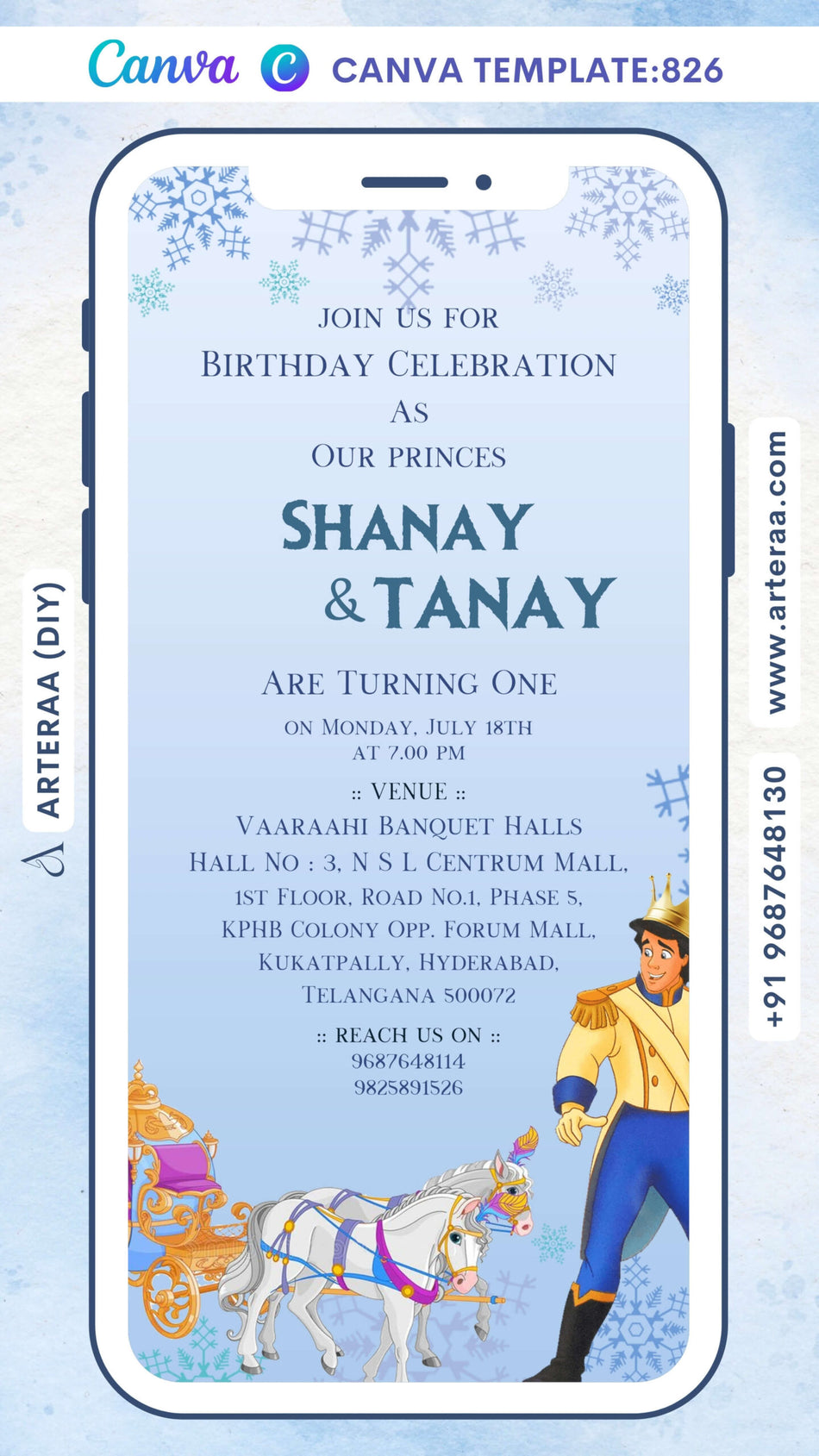 Birthday party invitation card Canva Editable Template for boy in english language with disney royal theme design 826