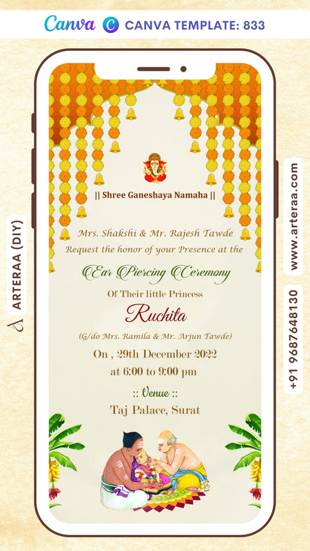 Ear Piercing ceremony invitation card Canva Editable Template in english language with ganesha logo, ear piercing doodle as arch theme design 833