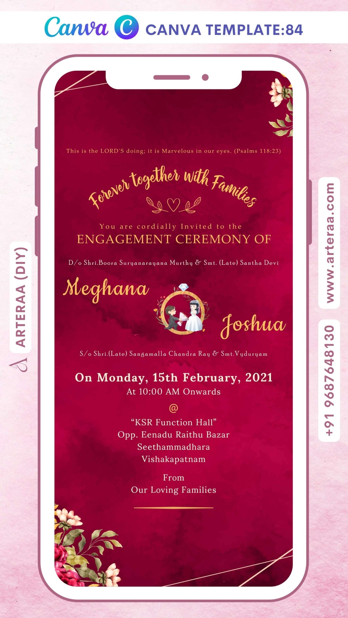Engagement ceremony invitation card Canva Editable Template in english language with leaves as floral theme design 84
