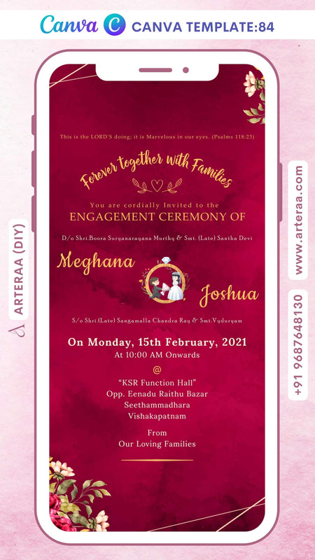 Engagement ceremony invitation card Canva Editable Template in english language with leaves as floral theme design 84