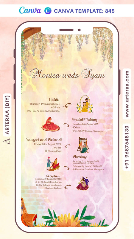 Wedding ceremony invitation card Canva Editable Template of hindu south indian telugu family in english language with Minimalistic theme design 845