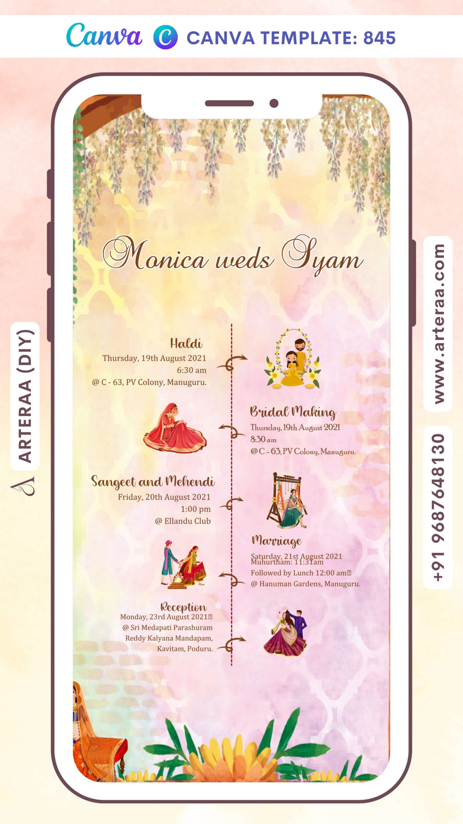 Wedding ceremony invitation card Canva Editable Template of hindu south indian telugu family in english language with Minimalistic theme design 845