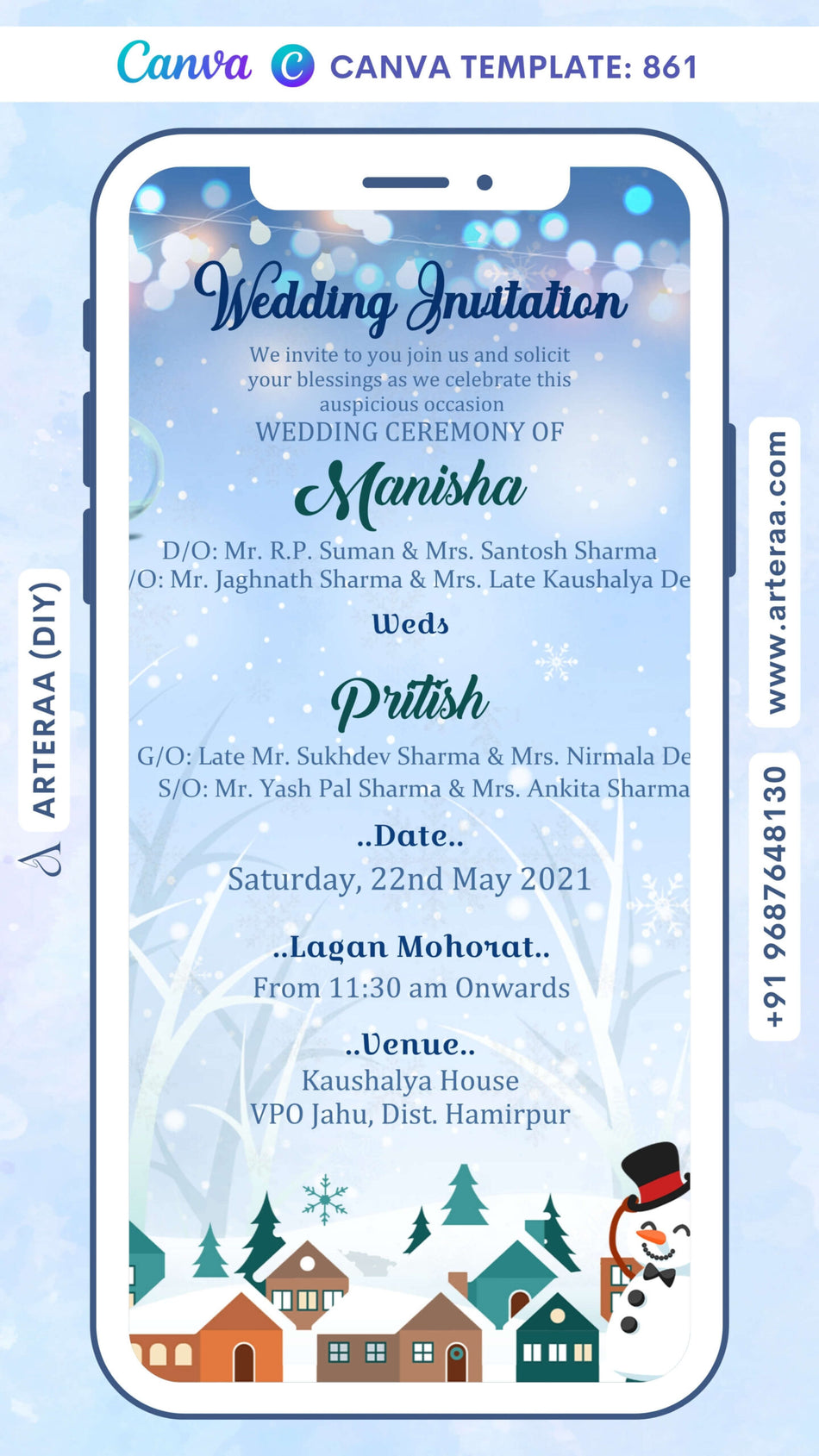 Wedding ceremony invitation card Canva Editable Template of hindu north indian family in english language with Winter snowman theme design 861