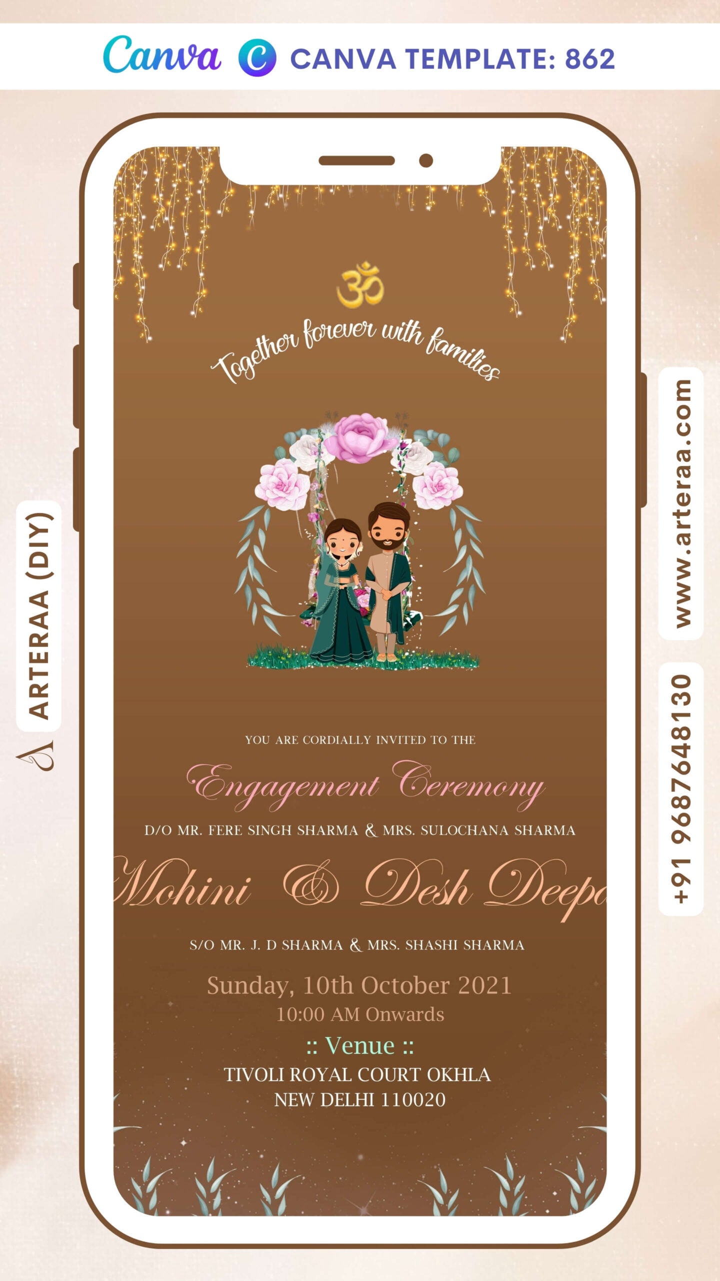 Sikh Engagement invitation card Canva Editable Template in English language with flowers, sparkle as minimalistic theme design 862