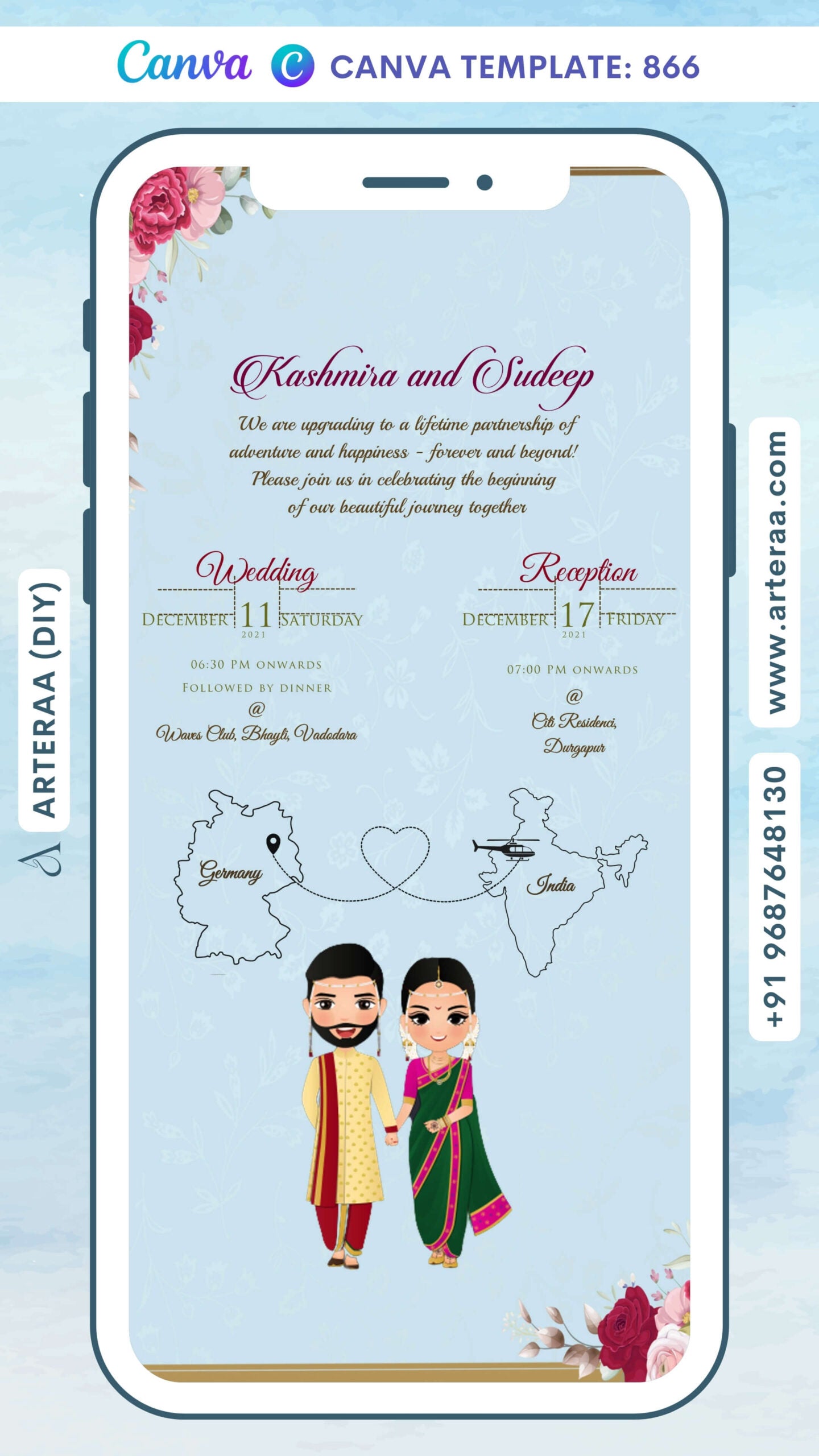 Wedding ceremony invitation card Canva Editable Template of hindu maharashtrian marathi family in english language with Two countries theme design 866
