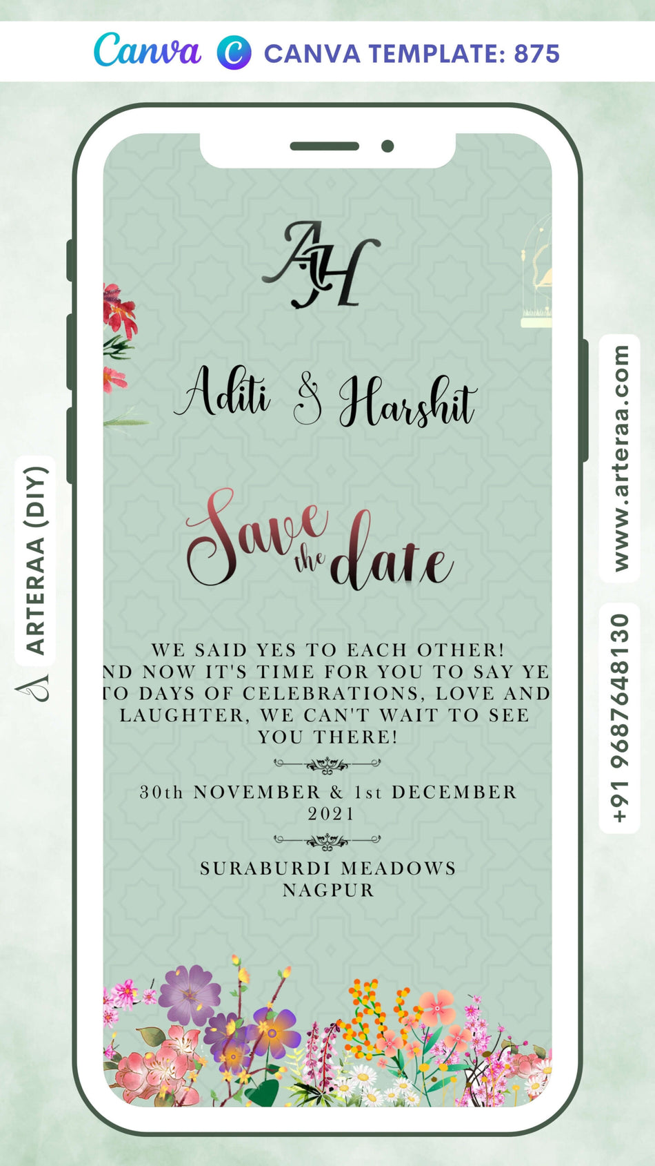 Save the Date card Canva Editable Template in english language with flowers, couple logo as floral theme design 875