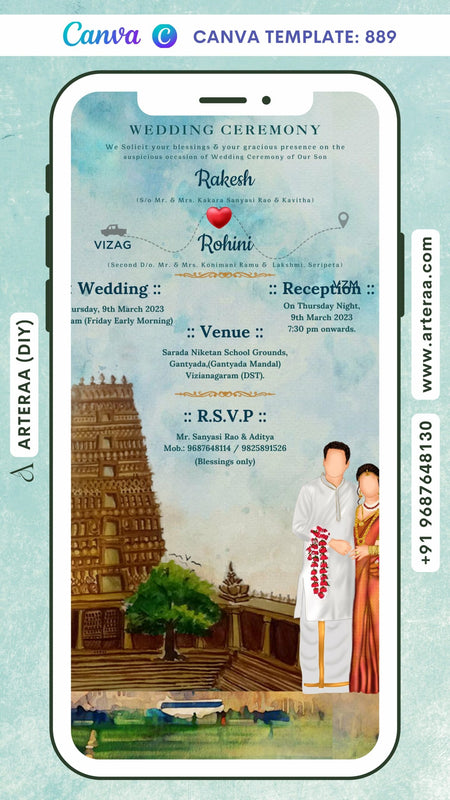 wedding ceremony invitation card Canva Editable Template of Hindu south indian telugu family in english language with temple theme design 889