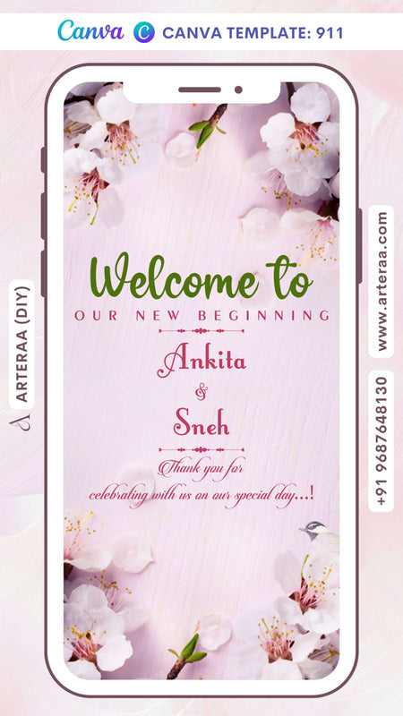 Save the Date card Canva Editable Template in english language with flowers as floral theme design 911
