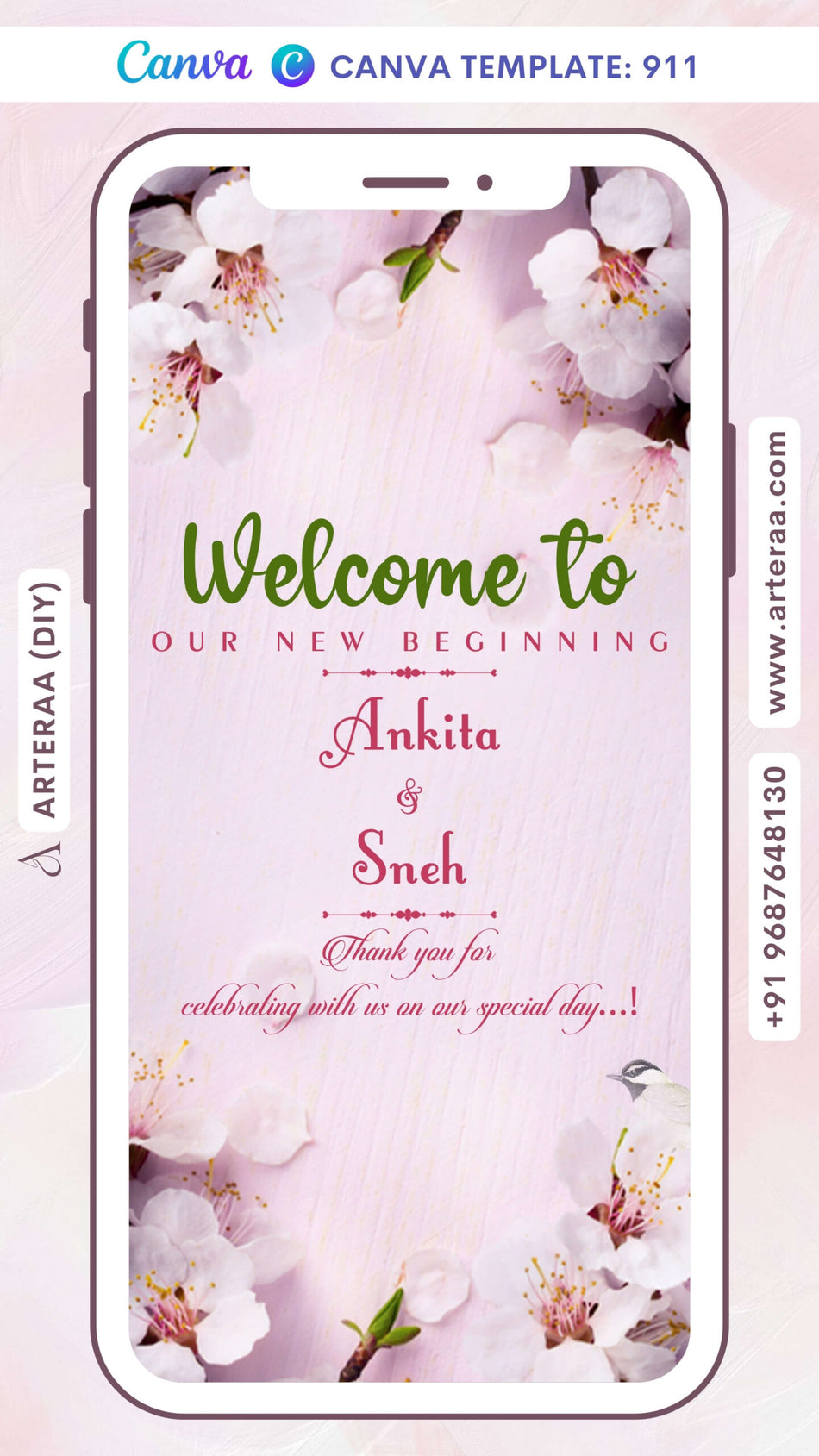 Save the Date card Canva Editable Template in english language with flowers as floral theme design 911