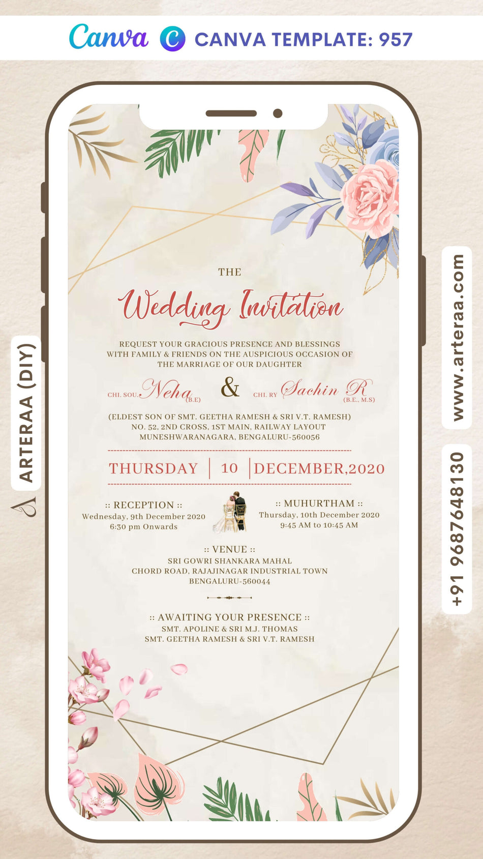 Wedding ceremony invitation card Canva Editable Template of hindu south indian kannada family in english language with minimalistic theme design 957