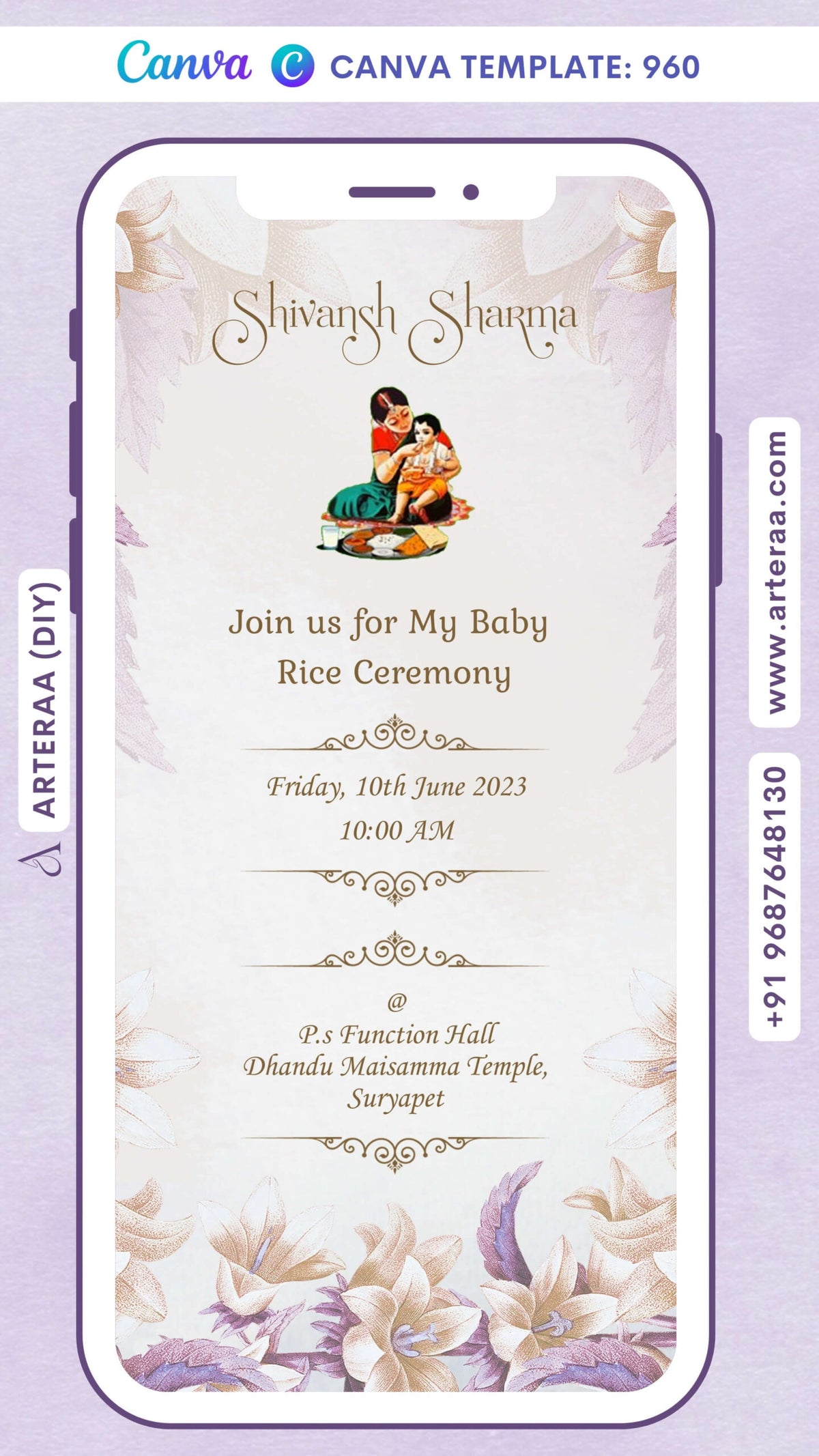 Annaprashan ceremony invitation card Canva Editable Template in english language with rice feeding doodle, leaves as floral theme design 960