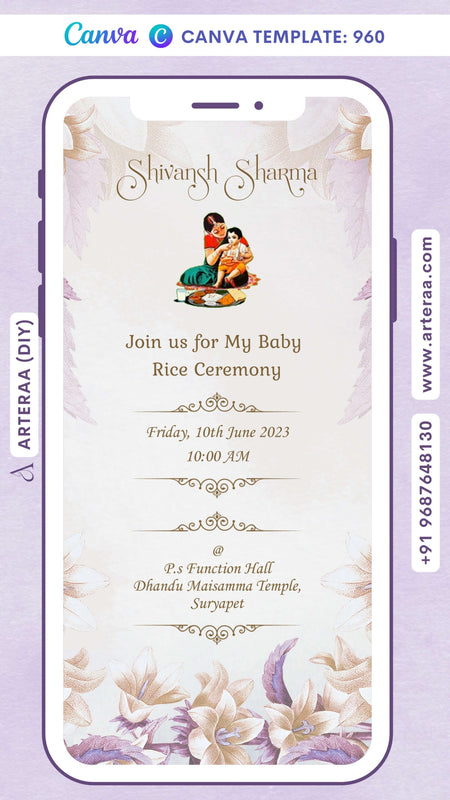 Annaprashan ceremony invitation card Canva Editable Template in english language with rice feeding doodle, leaves as floral theme design 960