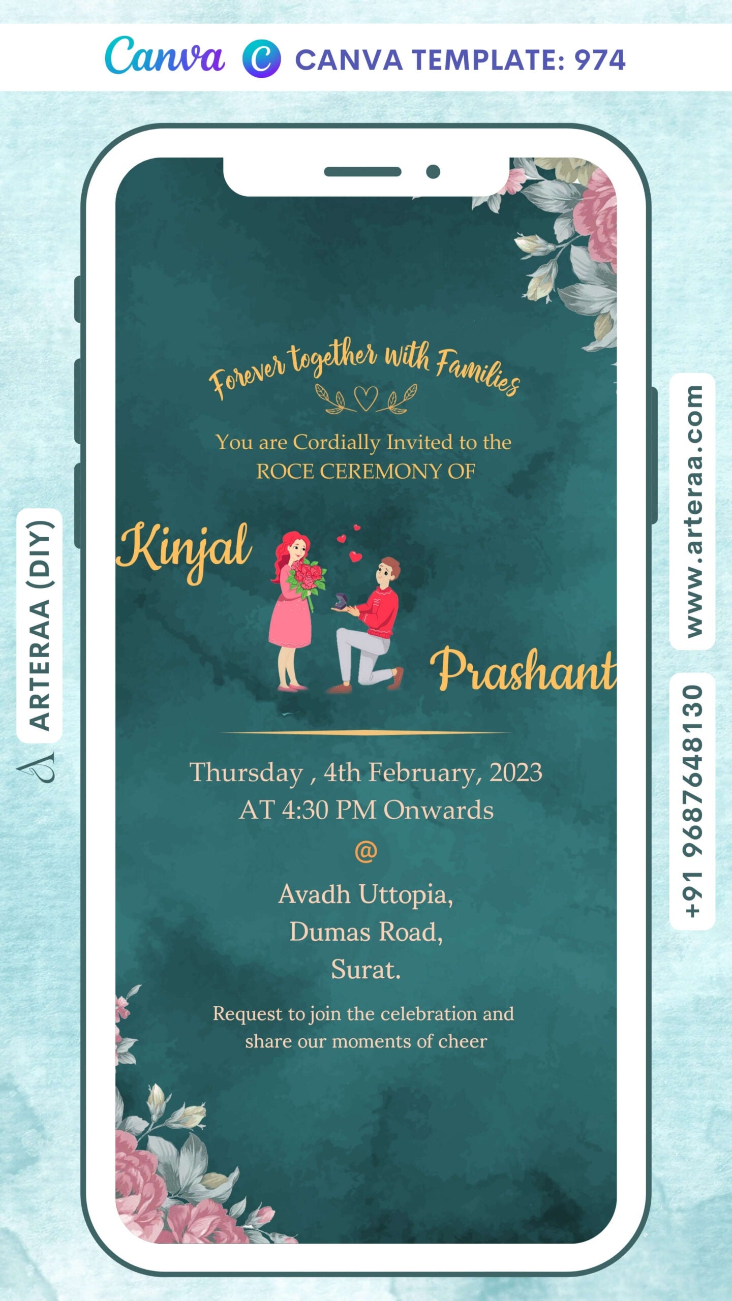 Roce ceremony invitation card Canva Editable Template in english language with flowers, romantic couple doodle as floral theme design 974