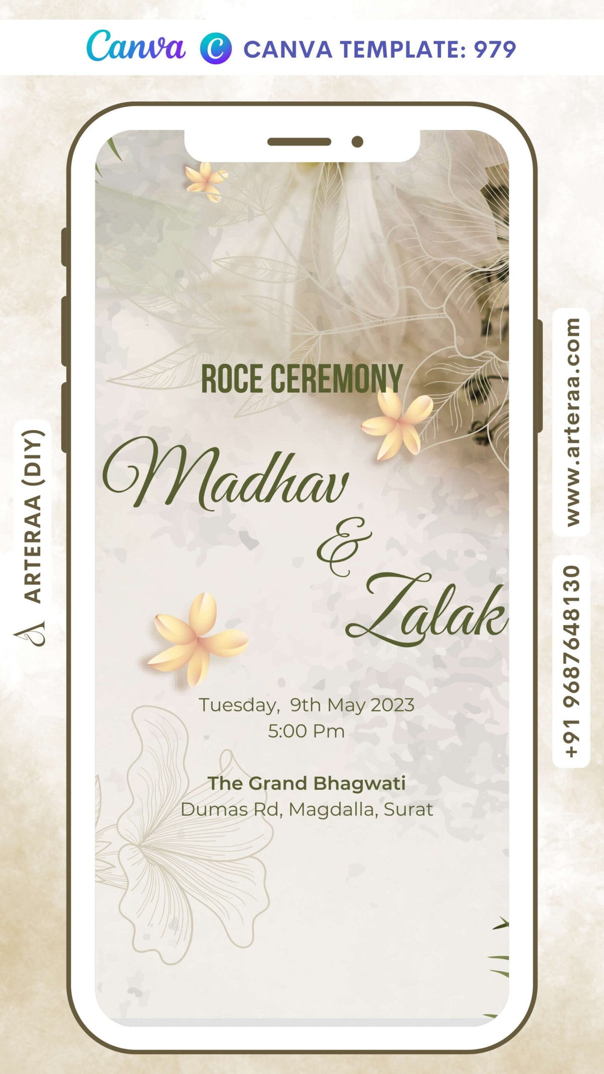 Roce ceremony invitation card Canva Editable Template in english language with flowers, leaves as artistic floral theme design 979
