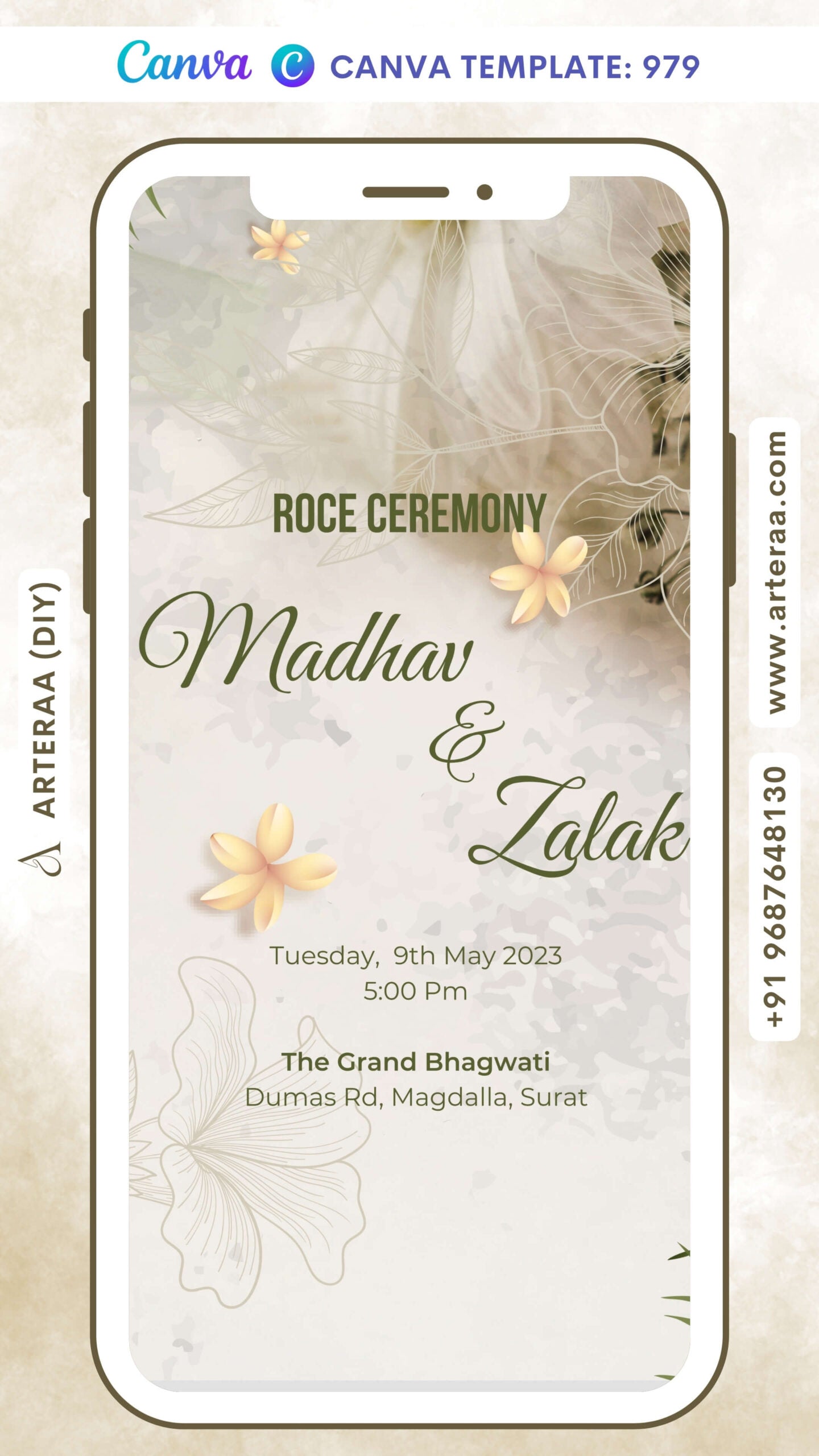 Roce ceremony invitation card Canva Editable Template in english language with flowers, leaves as artistic floral theme design 979