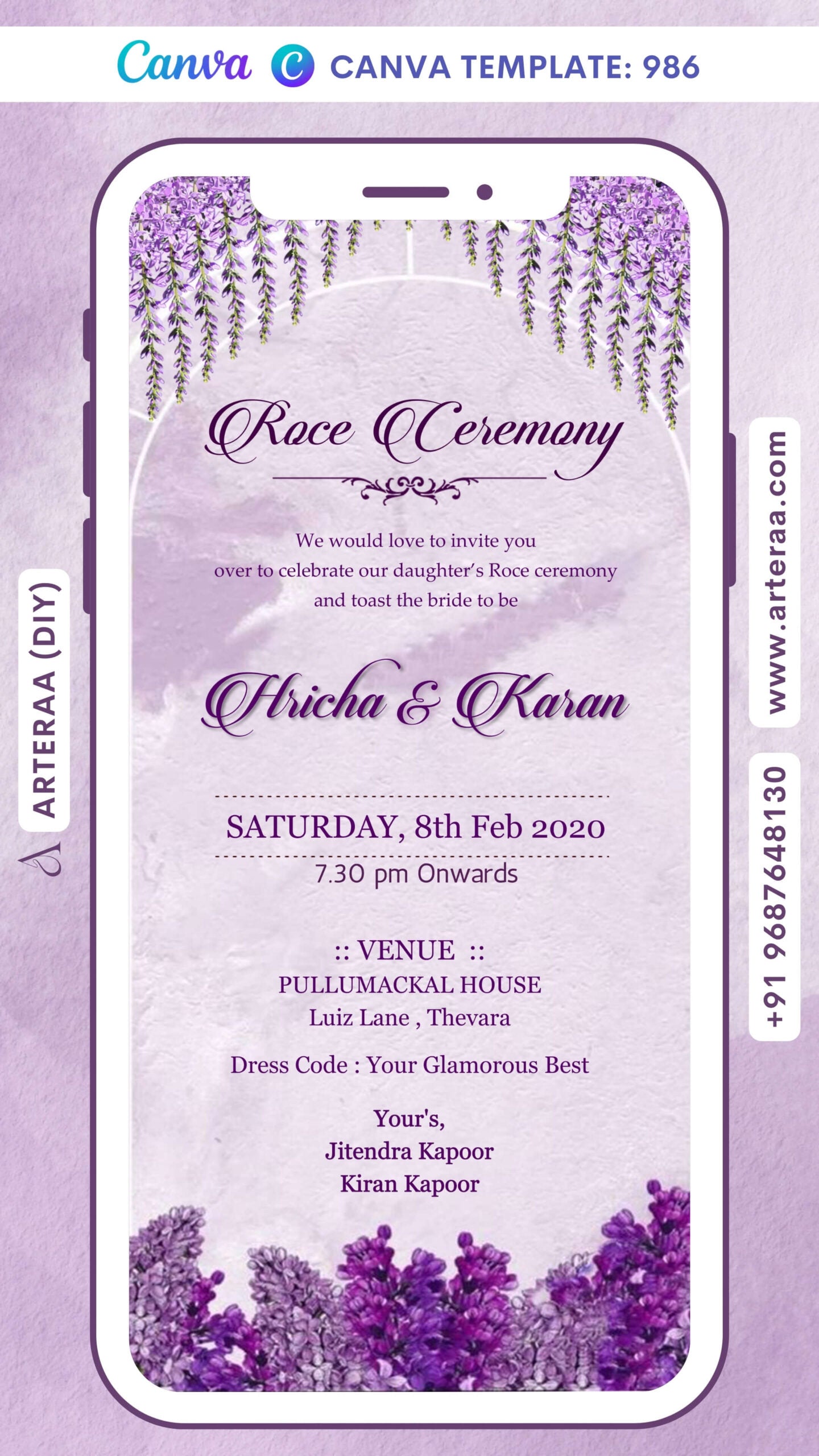 Roce ceremony invitation card Canva Editable Template in english language with flowers as vintage theme design 986