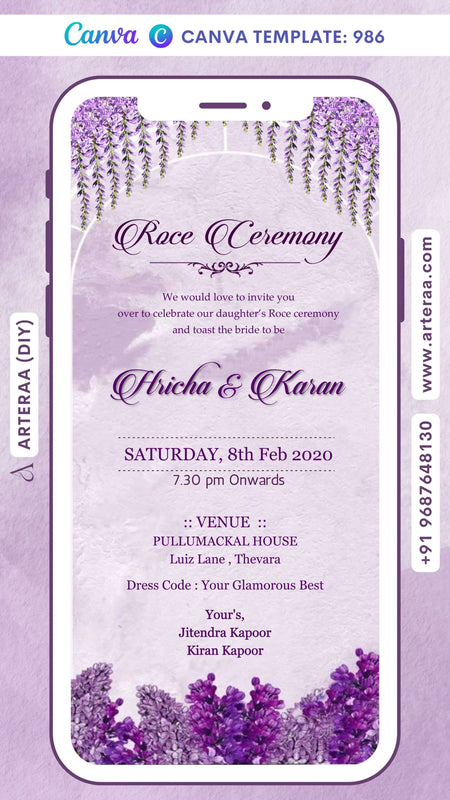 Roce ceremony invitation card Canva Editable Template in english language with flowers as vintage theme design 986