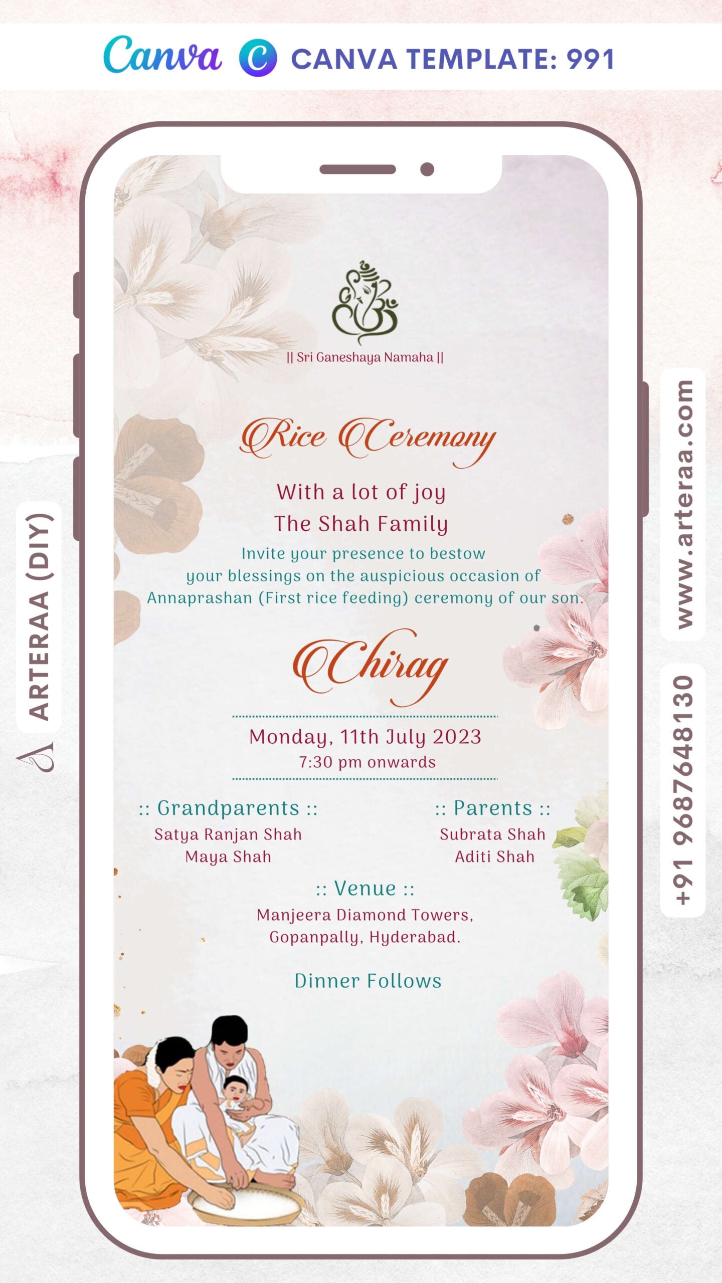 Annaprashan ceremony invitation card Canva Editable Template in english language with rice feeding doodle, flowers as floral theme design 991