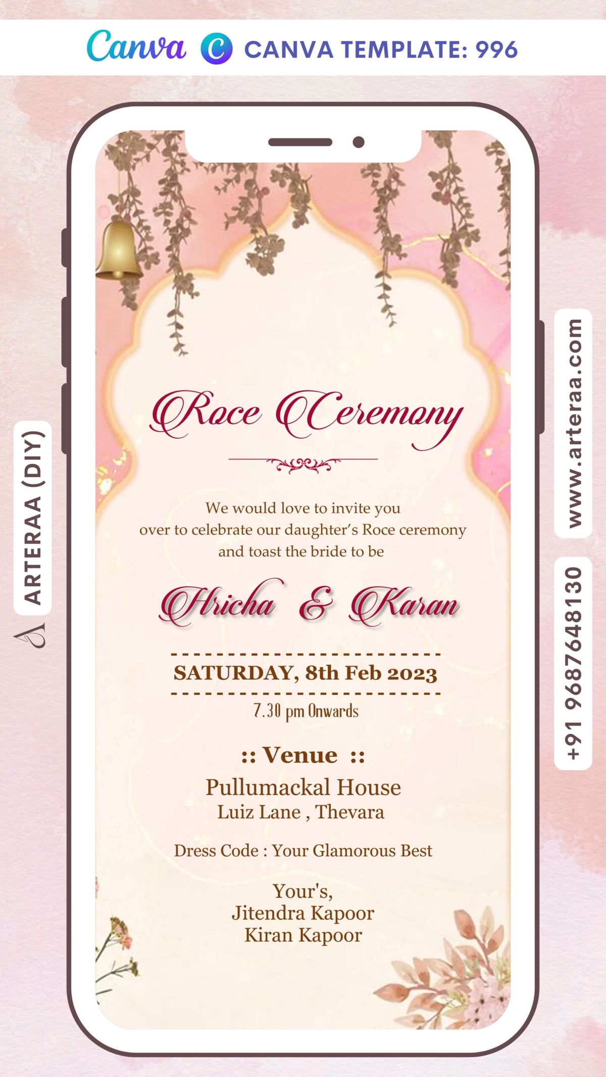 Roce ceremony invitation card Canva Editable Template in english language with bells, leaves as arch frame theme design 996