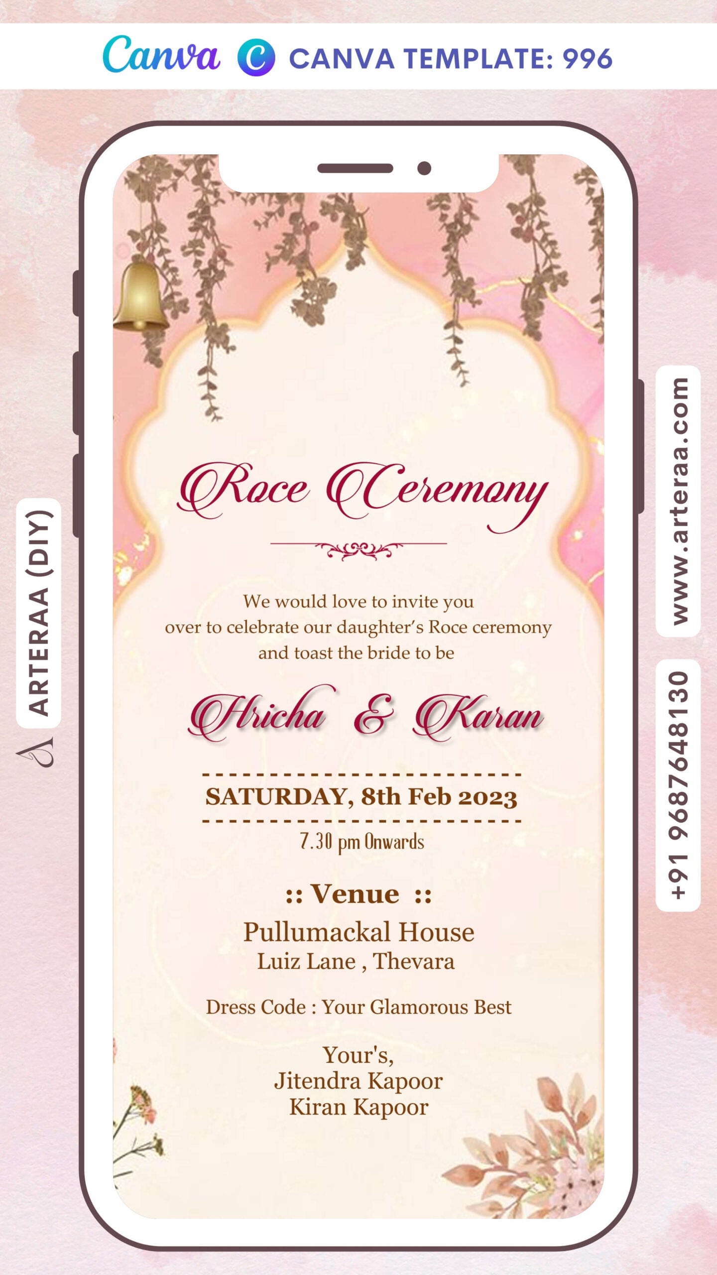 Roce ceremony invitation card Canva Editable Template in english language with bells, leaves as arch frame theme design 996