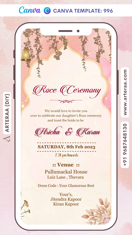 Roce ceremony invitation card Canva Editable Template in english language with bells, leaves as arch frame theme design 996