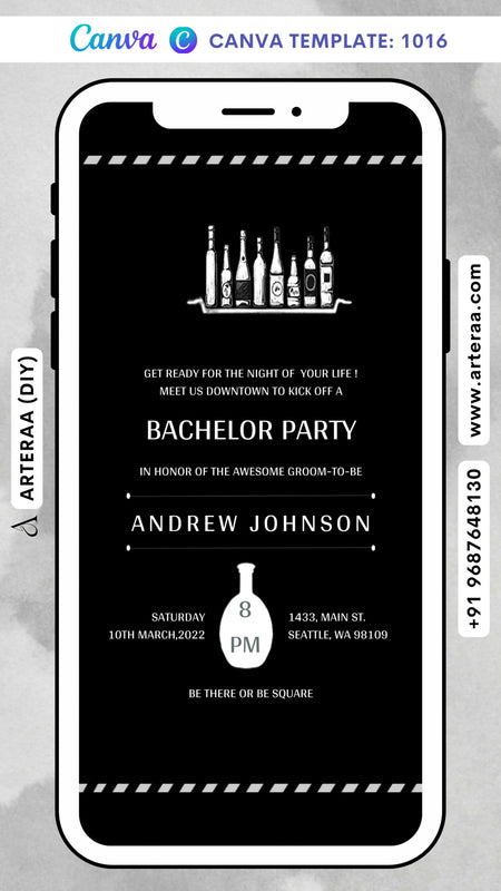 Bachelor Party invitation card Canva Editable Template in english language with boottle as minimalistic theme design 1016