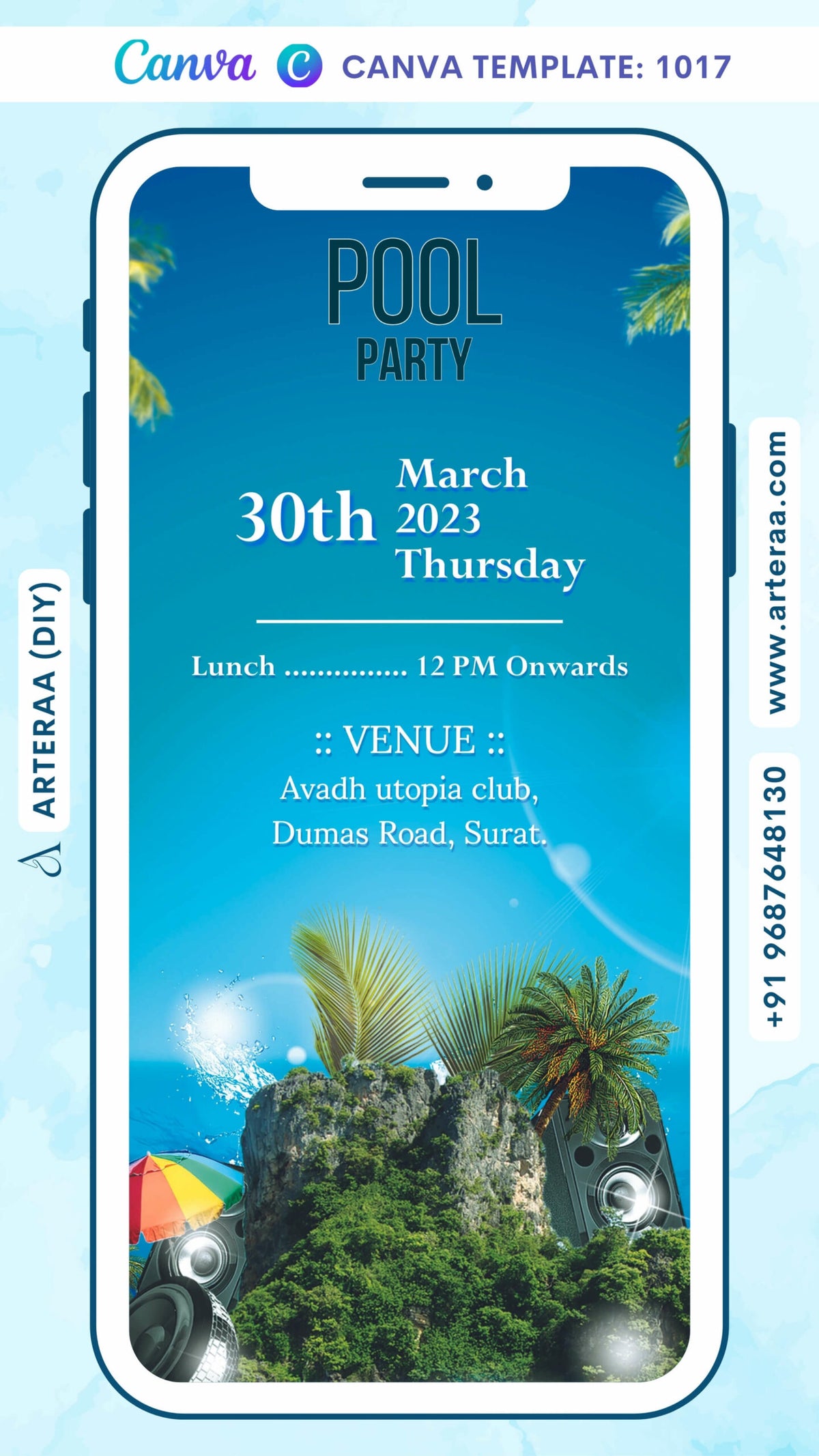 Pool Party invitation card Canva Editable Template in english language with nature as elegant theme design 1017