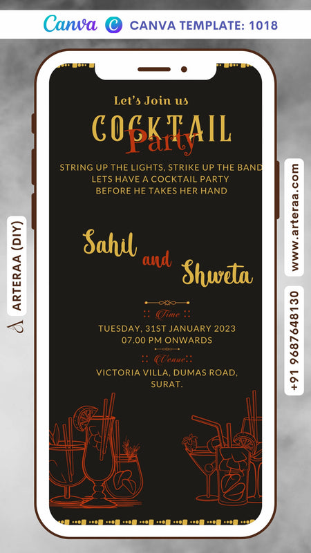 Cocktail Party invitation card Canva Editable Template in english language with frame as vintage theme design 1018