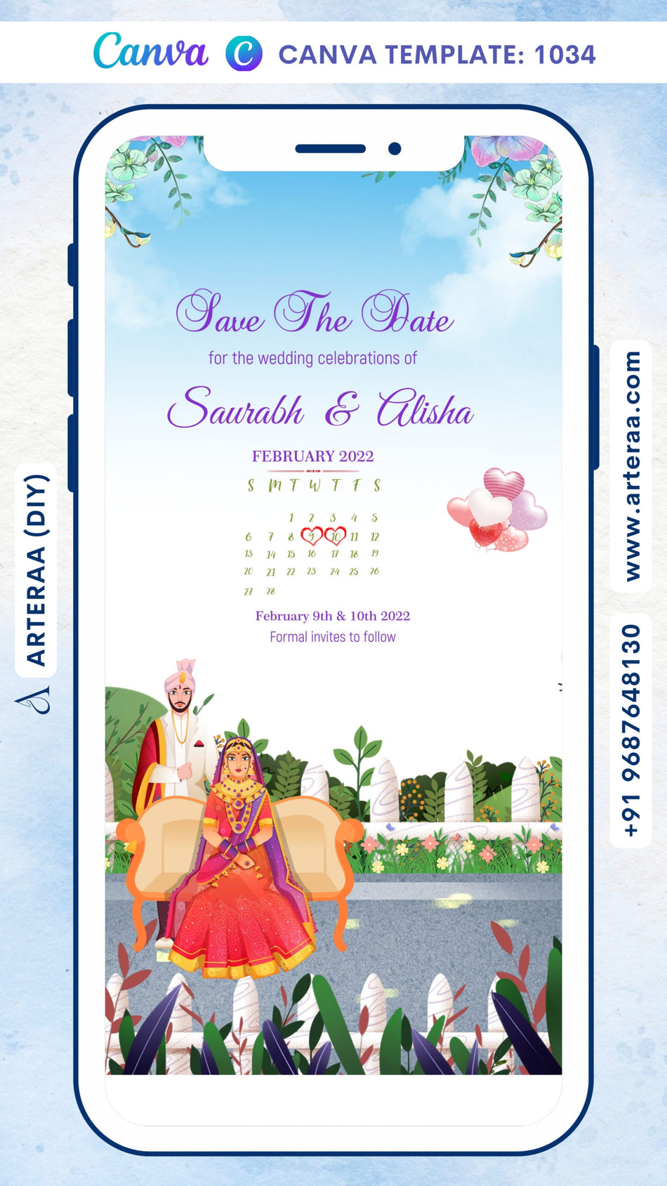 Save the Date card Canva Editable Template in english language with flowers, butterfly, couple doodle as Garden theme design 1034
