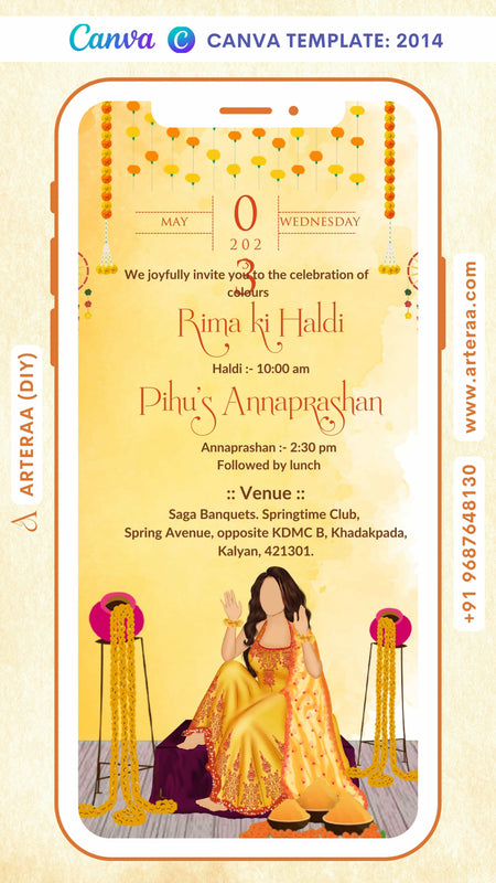Wedding ceremony invitation card Canva Editable Template of hindu south indian telugu family in english language with traditional theme design 2020