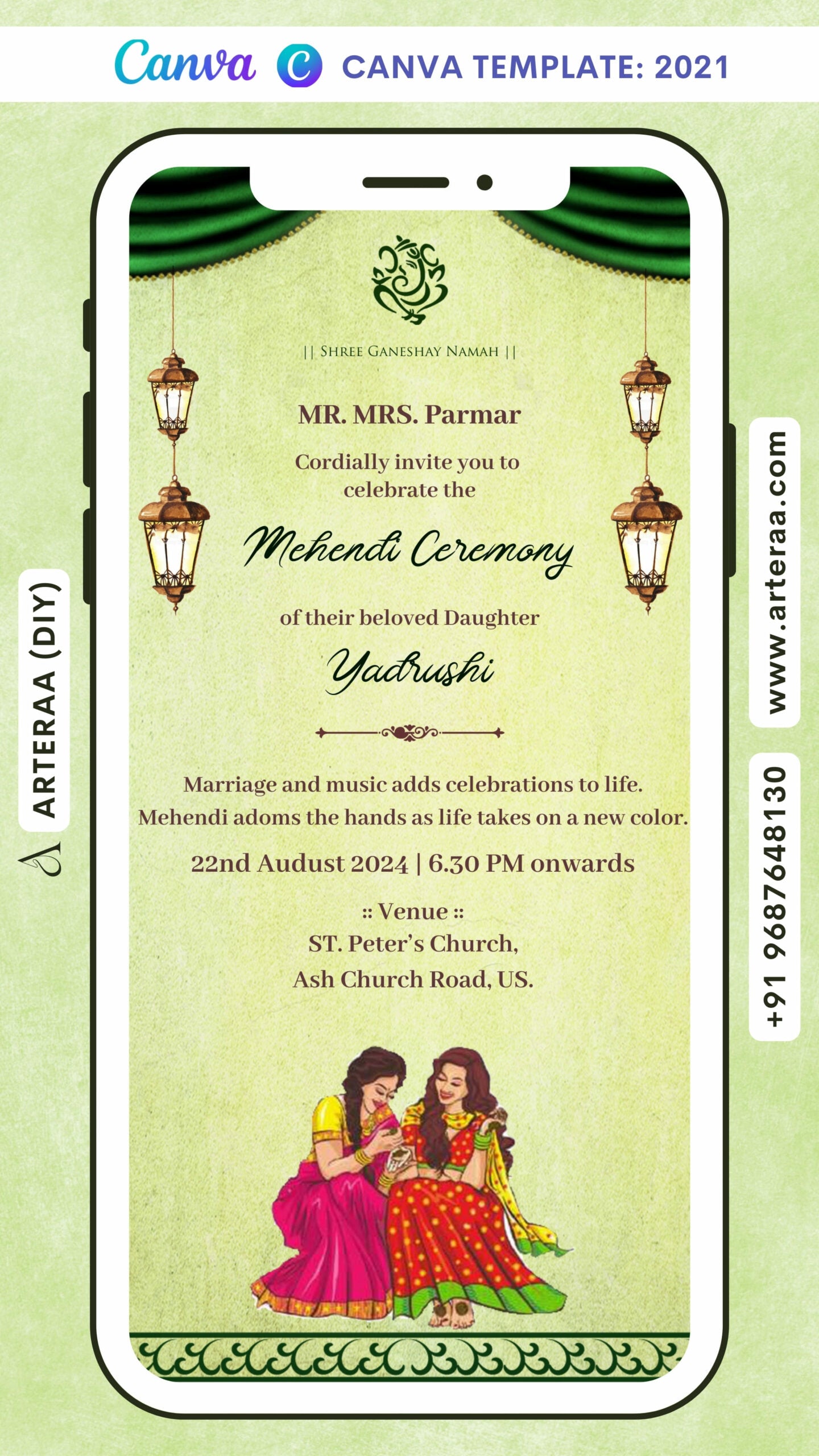 Mehendi ceremony invitation card Canva Editable Template in english language with flower, lantern as curtain theme design 2021