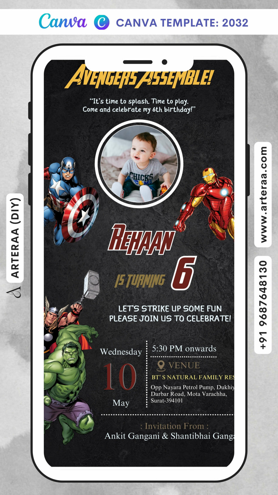 Birthday party invitation card Canva Editable Template for boy in English language with avengers theme design 2032