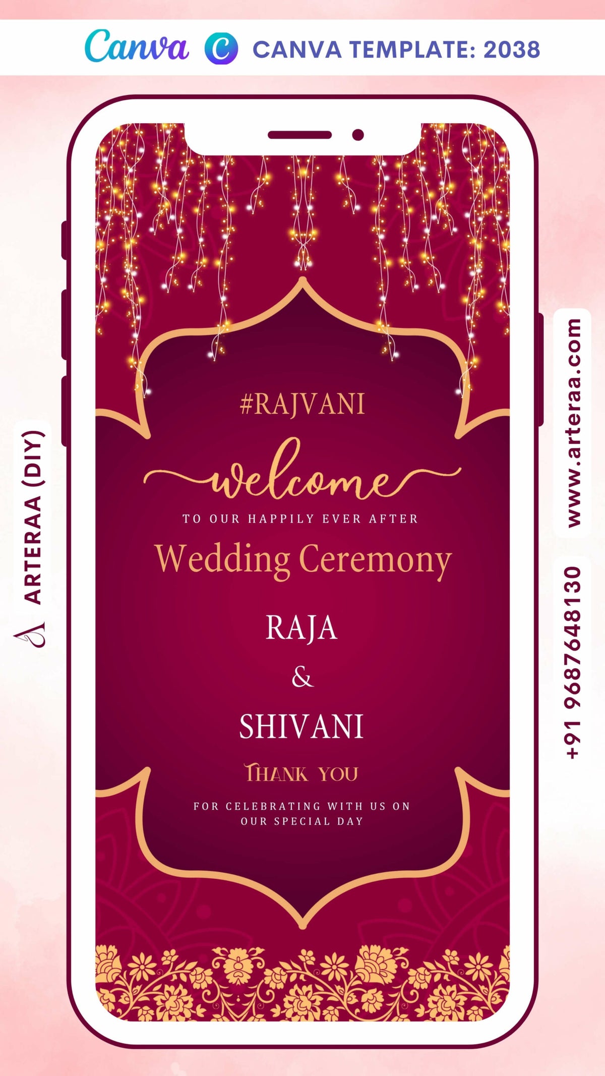 Digital Wedding Ceremony Invitation Of Indian Family In English Language With Arch Sparkle Theme Canva Editable Video Template design no - 2038