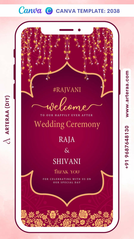 Digital Wedding Ceremony Invitation Of Indian Family In English Language With Arch Sparkle Theme Canva Editable Video Template design no - 2038