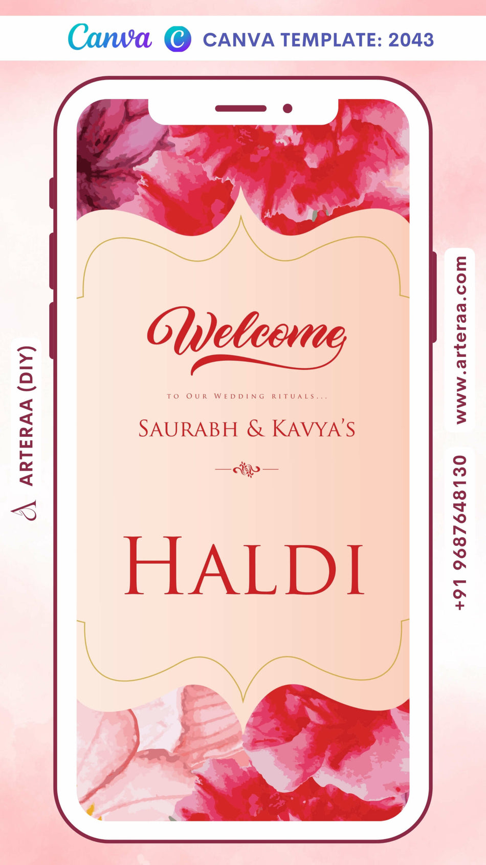 Digital Save The Date Invitation Of Indian Family In English Language With Arch Floral Theme Canva Editable Video Template Design No. 2043