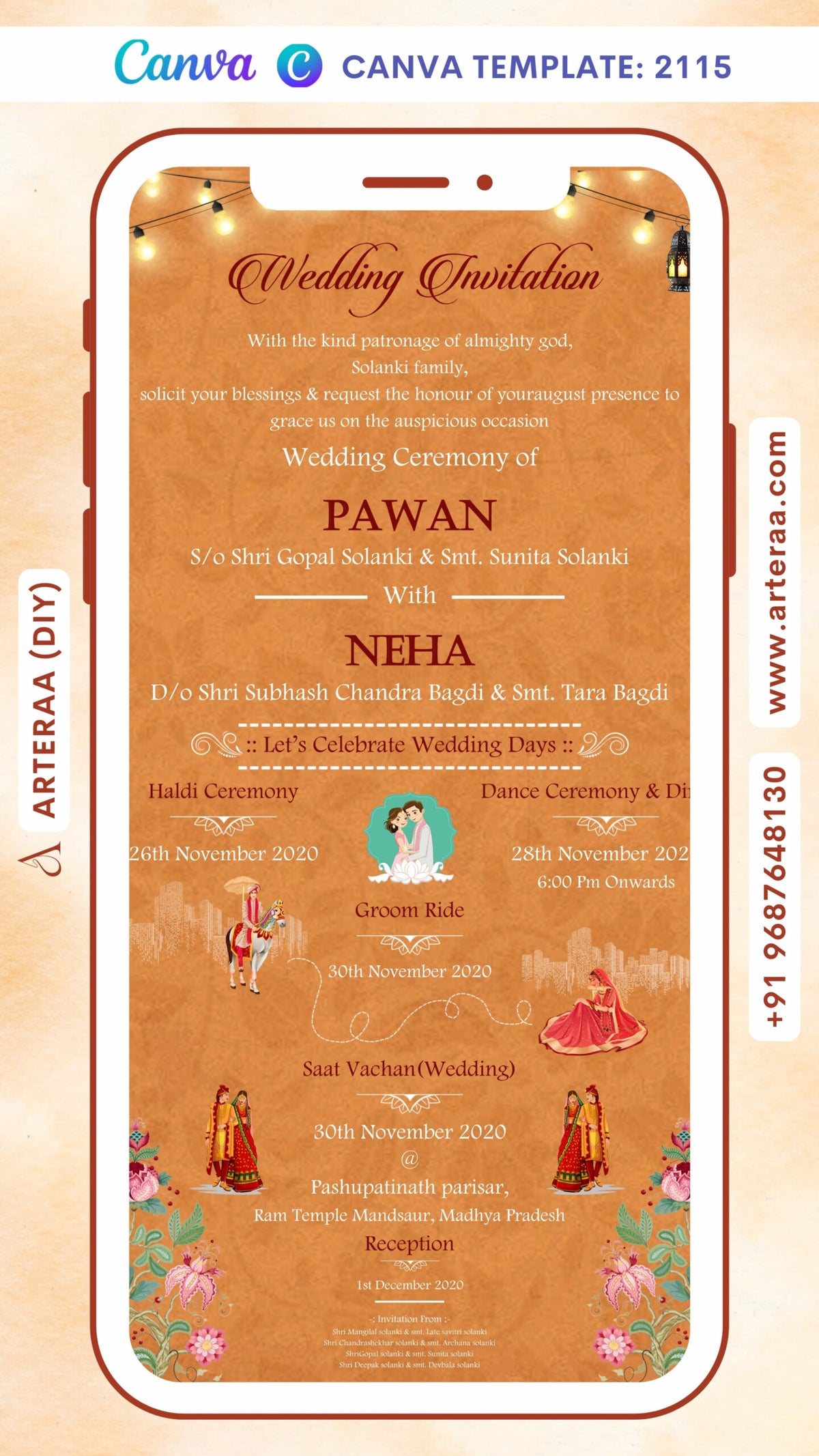 Wedding ceremony invitation card Canva Editable Template of hindu north indian family in english language with vintage theme design 2115