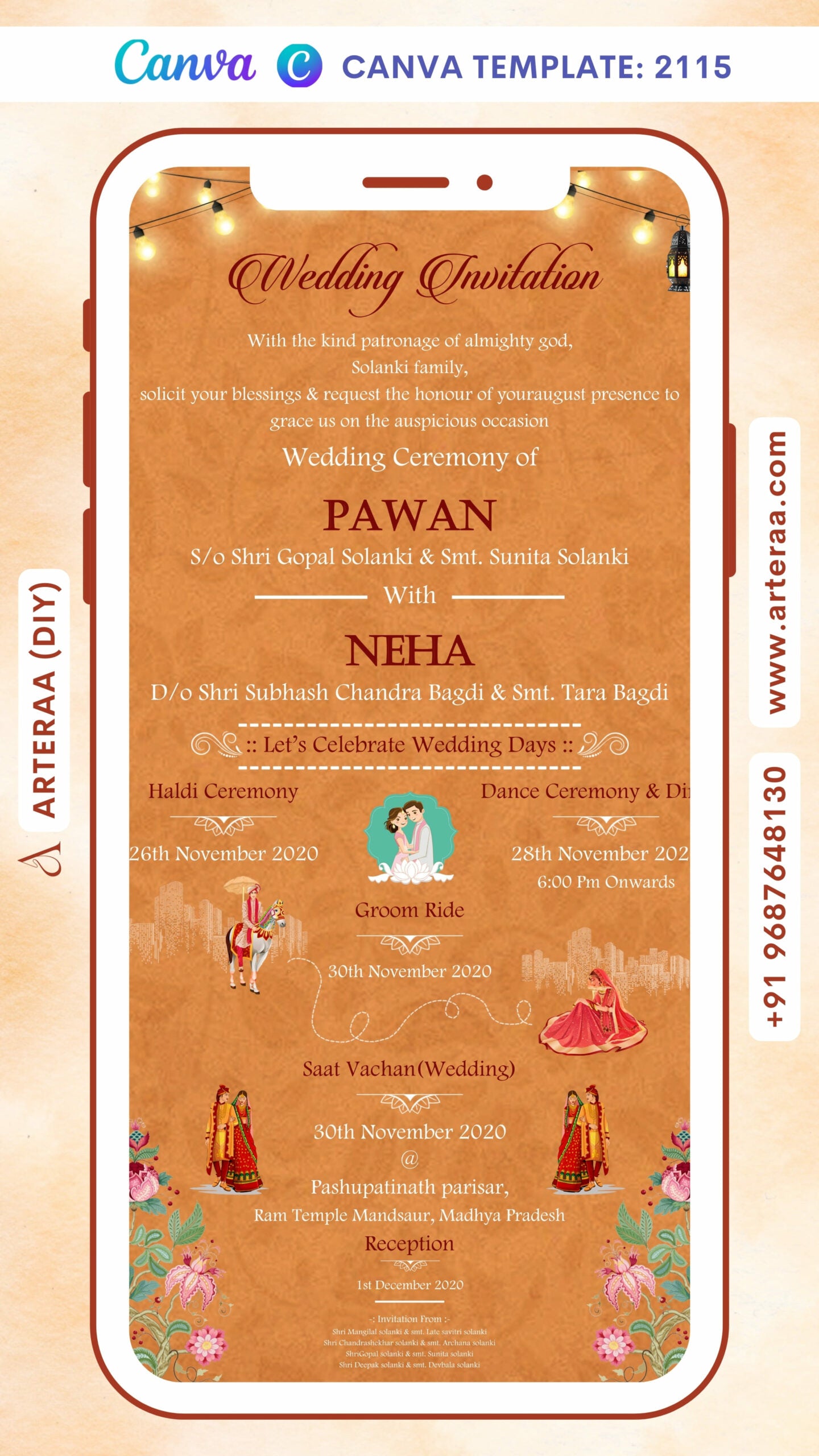 Wedding ceremony invitation card Canva Editable Template of hindu north indian family in english language with vintage theme design 2115