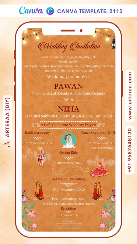 Wedding ceremony invitation card Canva Editable Template of hindu north indian family in english language with vintage theme design 2115