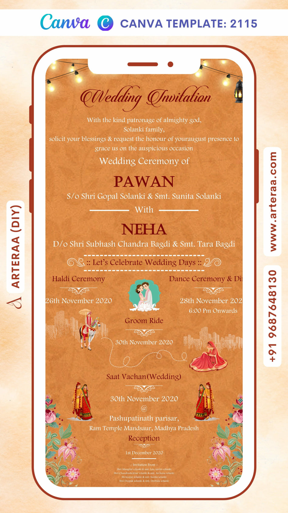 Wedding ceremony invitation card Canva Editable Template of hindu north indian family in english language with vintage theme design 2115